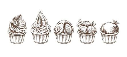 A hand-drawn sketch of  ice cream balls, frozen yoghurt or cupcakes in cups. Set. Vintage illustration. Element for the design of labels, packaging and postcards. vector