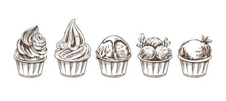 A hand-drawn sketch of  ice cream balls, frozen yoghurt or cupcakes in cups. Set. Vintage illustration. Element for the design of labels, packaging and postcards. vector