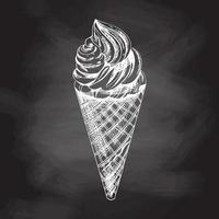 Hand-drawn sketch of a waffle cone with frozen yogurt or soft ice cream isolated on chalkboard background, white drawing. Vector vintage engraved illustration.