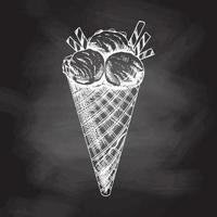 Hand-drawn sketch of a waffle cone with ice cream  isolated on chalkboard background, white drawing. Vector vintage engraved illustration.