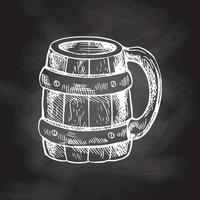 Hand-drawn sketch of  beer wooden mug isolated on chalkboard background, white drawing. Set. Vector vintage engraved illustration.