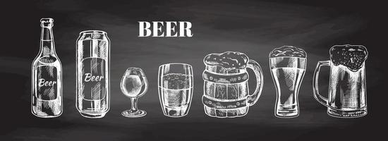 Hand-drawn sketch of  beer can, beer bottle, beer glasses and beer glass and wooden mugs isolated on chalkboard background, white drawing. Set. Vector vintage engraved illustration.