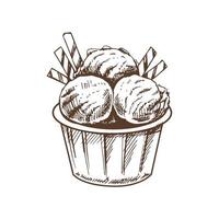 A hand-drawn sketch of an ice cream balls in a cup. Vintage illustration. Element for the design of labels, packaging and postcards. vector