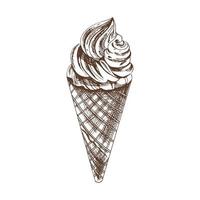 A hand-drawn sketch of a waffle cone with frozen yogurt or soft ice cream. Vintage illustration. Element for the design of labels, packaging and postcards. vector