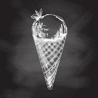 Hand-drawn sketch of a waffle cone with ice cream isolated on chalkboard background, white drawing. Vector vintage engraved illustration.