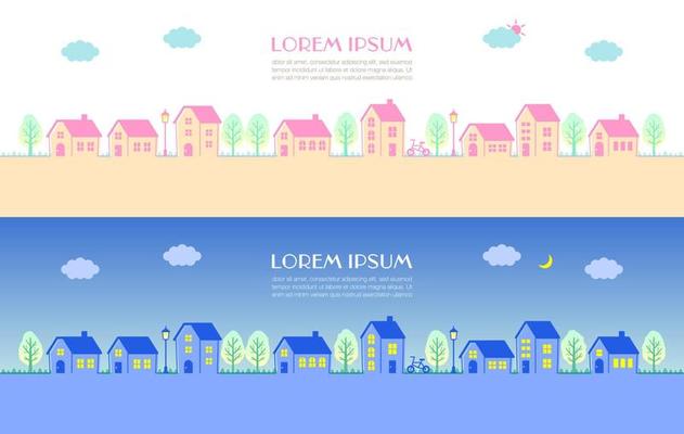 Set of horizontal banners with cute houses and trees. Vector illustration