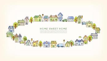 Watercolor vector illustration of a round frame with houses, trees and plants -blue and green