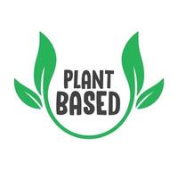 Plant based label. Text inside a circle with leaves around. Vegan friendly badge. vector