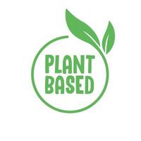 Plant based label. Text inside a circle with leaves around. Vegan friendly badge. vector