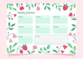 Weekly planner template design with pink flowers and leaves. vector