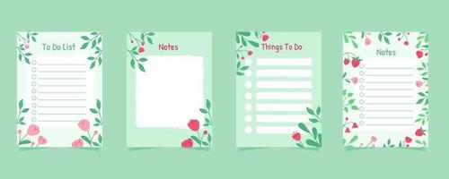 Set of green floral to do list and note papers in hanad drown style. Template for agenda, schedule, planners, checklists, notebooks, cards and other stationery. vector