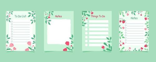 Set of green floral to do list and note papers in hanad drown style. Template for agenda, schedule, planners, checklists, notebooks, cards and other stationery. vector