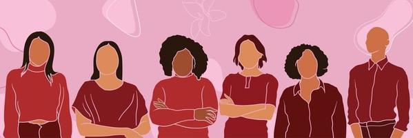 un grupo de mujer estar en un línea con su brazos cruzado plano ilustración con resumen antecedentes vector