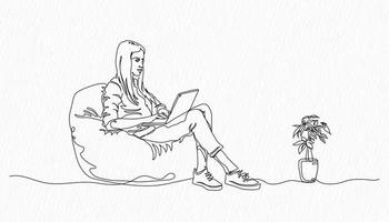 A line drawing of a woman using a laptop sitting on a bean bag. vector