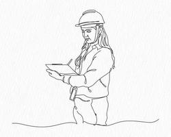 A Line drawing of a female Engineer with a hat on and a clipboard in the hand. vector