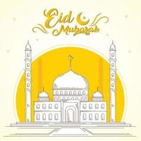 An illustration of a mosque with a yellow background and the words eid mubarak on it vector