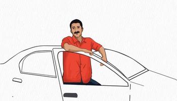 un hombre en un rojo camisa es en pie en un coche y es sonriente línea dibujo y ilustración vector