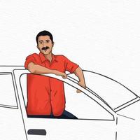 un hombre en un rojo camisa es en pie en un coche y es sonriente línea dibujo y ilustración vector