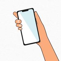 A hand holding a smart phone with a blank screen. vector