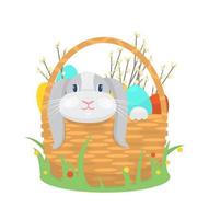 Cute Easter bunny sitting in a basket with Easter eggs and willow branches isolated. vector