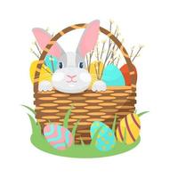 Cute Easter bunny sitting in a basket with Easter eggs and willow branches isolated. vector