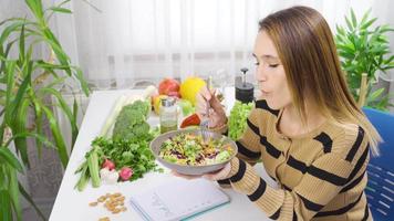 joven mujer es en un dieta. bienestar y dieta plan. sano comiendo mujer hace vegetal dieta. comiendo ensalada. video