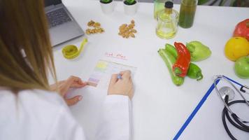 nutricionista mujer preparando un nutrición dieta. un nutricionista trabajando en ordenadores en su oficina prepara un dieta programa. dieta y bienestar planes video