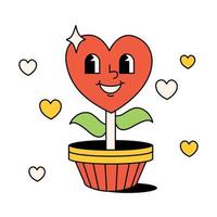 funny happy heart in a pot. Flower, hippie, groovy in the style of the 60s, 70s. Positive and good vibes vector