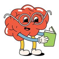 Funny happy cartoon Brain with glasses reads and learns. The style of the 60s, 70s. Positive and good vibes vector