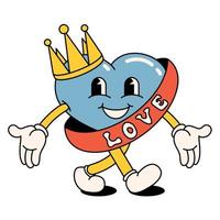 Funny happy cartoon hippie heart. All peace, in the style of the 60s, 70s. Positive and good vibes. Miss,crown vector