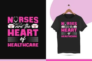 Nursing typography t-shirt design template. Vector graphics with Nurse cap, and stethoscope silhouette. Design quote nurses are the heart of healthcare.