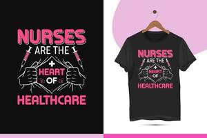 Nurses are the heart of healthcare - Nursing t-shirt design template. Vector illustration with injection, nurse icon, and ripped chest silhouette.