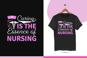 Nursing t-shirt design template for all nurses. Vector graphic with nurse cap, stethoscope, injection, and caduceus silhouette.