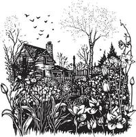 Black and white vector sketch illustration of spring garden with flowers and trees