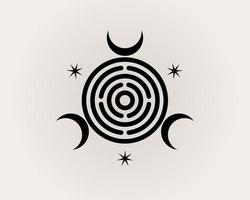 sagrado geometría, triple diosa de brujería espiritual greco romano. bruja wicca sigilo, místico laberinto, triple creciente luna, negro logo diseño vector aislado en blanco antecedentes
