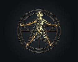 Gold Pentagram and human body, Agrippa, Symbols of the sun and moon are in center, while the other five classical planets are around the edge. Source of inspiration for The Vitruvian Man. Vector