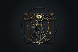 Golden ratio. Fibonacci Sequence number and Vitruvian Man by Leonardo Da Vinci - luxury gold texture, divine proportion, vector illustration isolated on black background