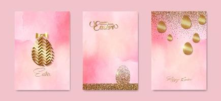 set card Happy Easter gold texture,  luxury pink watercolor background. Easter holiday invitations templates collection with hand drawn lettering and gold easter eggs. Vector fashion illustration