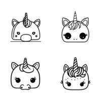 Collection of cute kawaii unicorns in various poses and expressions, Hand drawn with details and a whimsical style vector