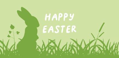 Happy Easter vector illustration with bunny on green background. Minimalistic banner in two colors