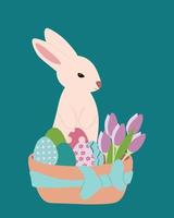 Vector illustration of a bunny with a basket of cololrful easter eggs and a boquet of tulips