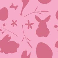 Vector seamless pattern with Easter motifs. Eggs, bunnies, flowers, plants silhouettes in pastel colors