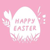 Square vector minimalistic illustration in pink and white with text Happy Easter and holiday attributes