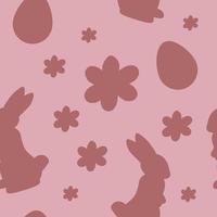 Vector seamless pattern with Easter motifs. Eggs, bunnies, flowers, plants silhouettes in pastel colors