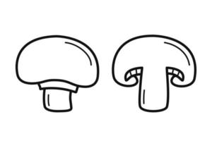 Champignon. Hand drawn sketch icon of whole and half mushroom. Isolated vector illustration in doodle line style.