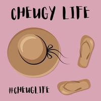 Cheugy life. Brimmed hat and flip flops are cheuglife elements. Millenial trends. Quotes about old-fashioned and untrendy stuff. Vector illustration.