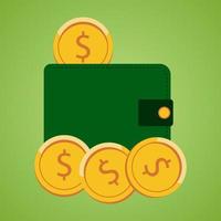 Green wallet with coins on a green background. Design for posters, business, banners, flyers. vector