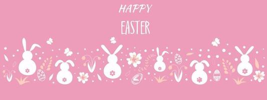 Greeting card, background Happy Easter with elements of a rabbit, flowers, on a pink background. Design for packages, postcards, gifts, congratulations. vector