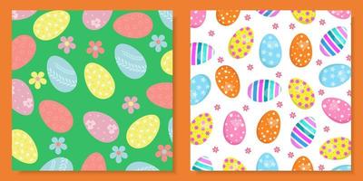 Two Easter seamless bright patterns with Easter eggs of different colors. Design for tablecloth, towels, fabric, packaging. vector