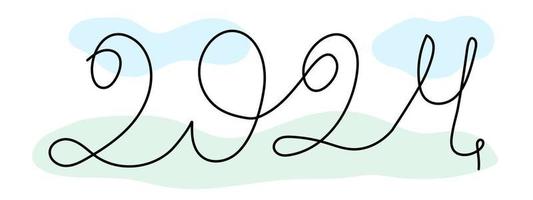 2024 one line lettering, hand drawn continuous path with clouds and tender grass. vector